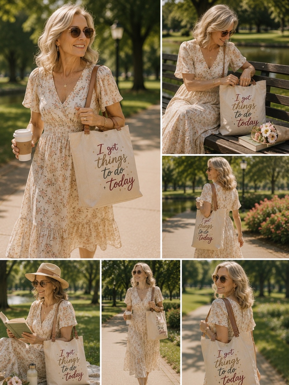 Brown Neutral ItalianCanvas Tote with Brown Leather Straps - "I Got Things to Do - Picture 13 of 15